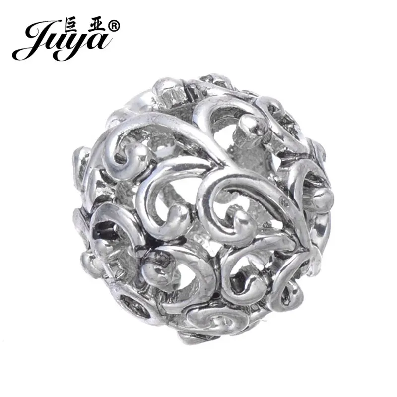 JUYA 20pcs/lot 12mm Engrave Hollow Alloy Beads Ancient Gold/Silver Color Beads for Women Jewelry Making Supplies Accessories