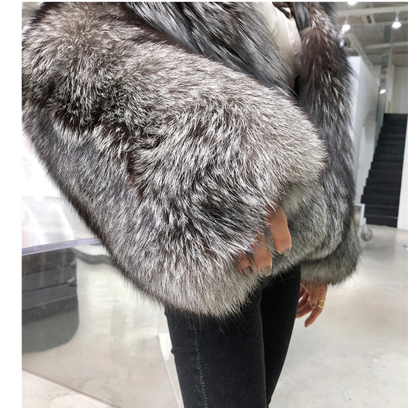 New Silver Fox Fur Women Winter Coat Real Natural Fox Fur Jacket  Whole Skin Fur Winter Thick Soft  Warm Fox Fur Jacket