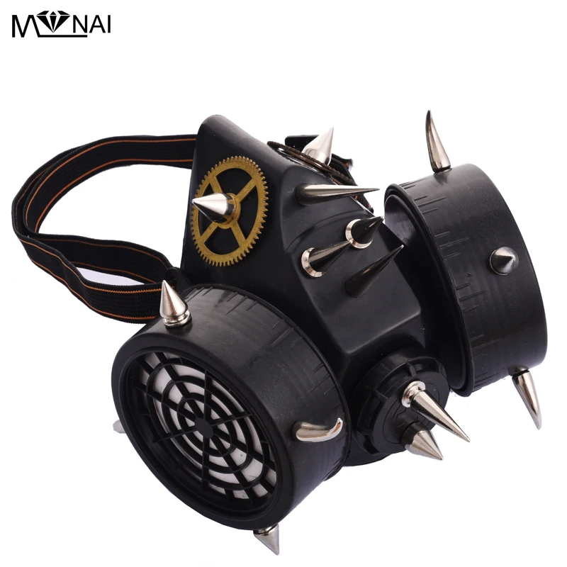 

Retro Steampunk Black Mask Respirator Silver Spikes Rivets Cyber Goth Cosplay Masks Party Accessories For Men/Women