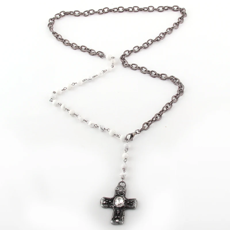 Fashion Bohemian Jewelry 6mm Stone Rosary Chain and Black Gun Chain Metal Cross Pendant Necklaces Women Ethnic Necklace