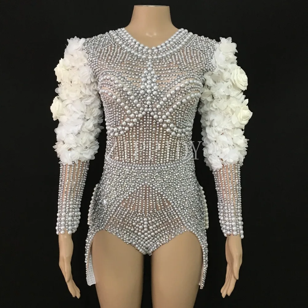 White Flower Flashing Rhinestones Pearls Bodysuit Birthday Celebrate Outfit DJ DS Bar Female Singer Show Wear Stretch Clothes