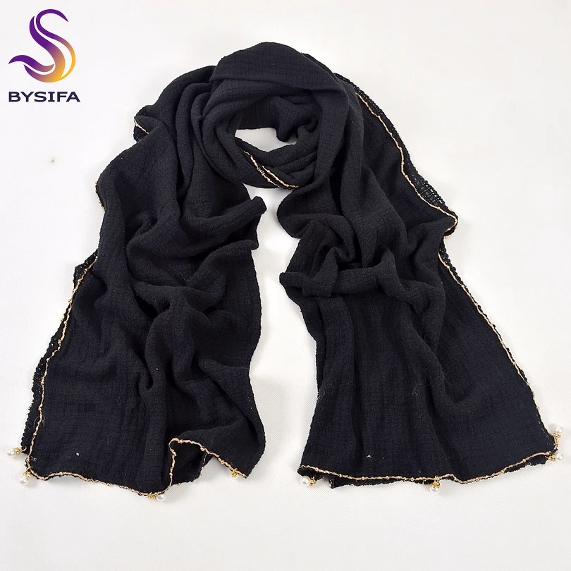 [BYSIFA] New Fall Winter Long Scarves Wraps Women Fashion Brand Pearl Pendant 100% Cotton Scarf Shawl Green,Grey,Red,Navy Blue