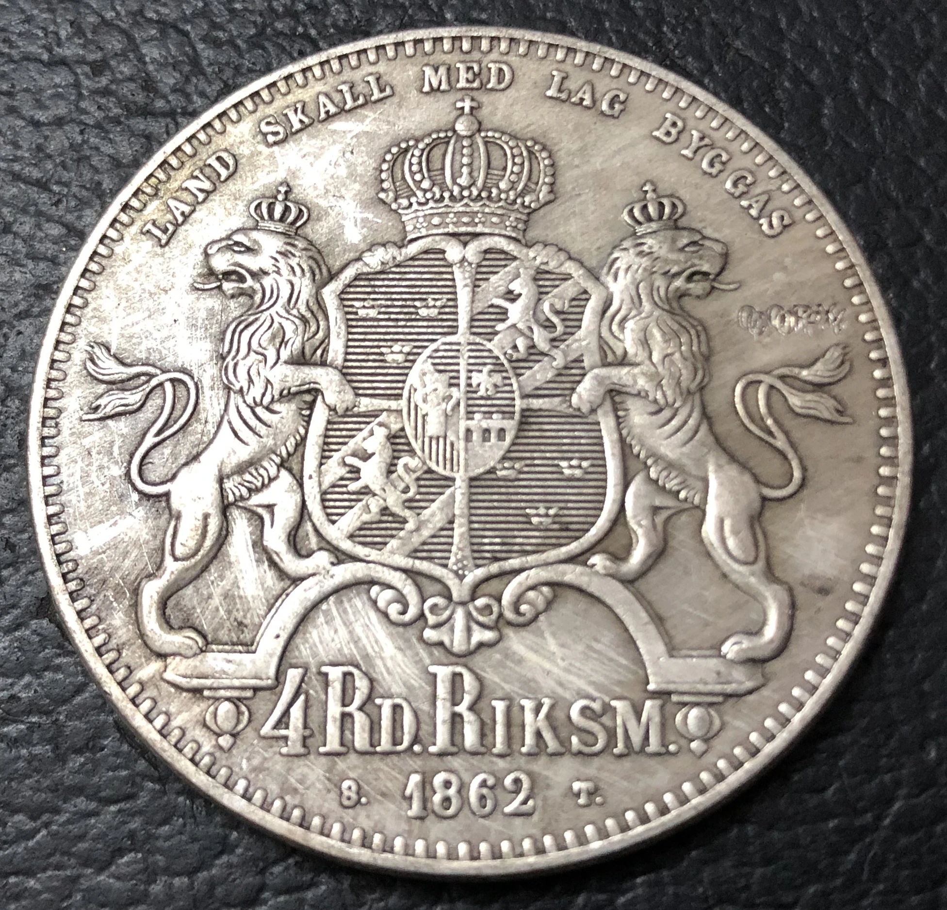 1862 Sweden  4 Riksdaler Riksmynt - Carl XV Silver Plated Copy Coin