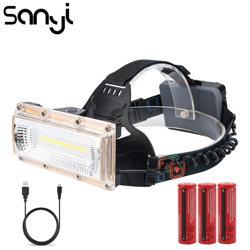 SANYI COB LED USB Rechargeable Wide Angle Headlamp 3 Lighting Modes Super Bright Headlight Head Torch Flashlight by 3*18650