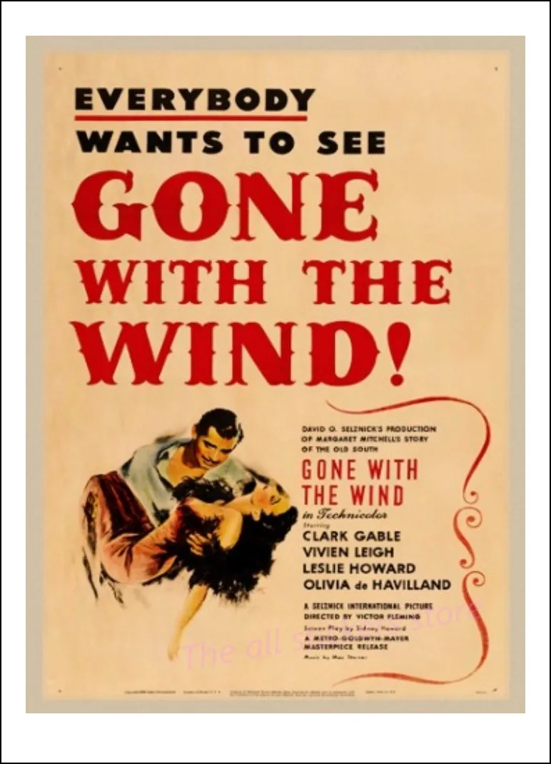 Gone with the Wind Vintage Kraft Paper Movie Poster Home Decoration Wall Decals Art Removable Classic Retro Poster Wall Stickers