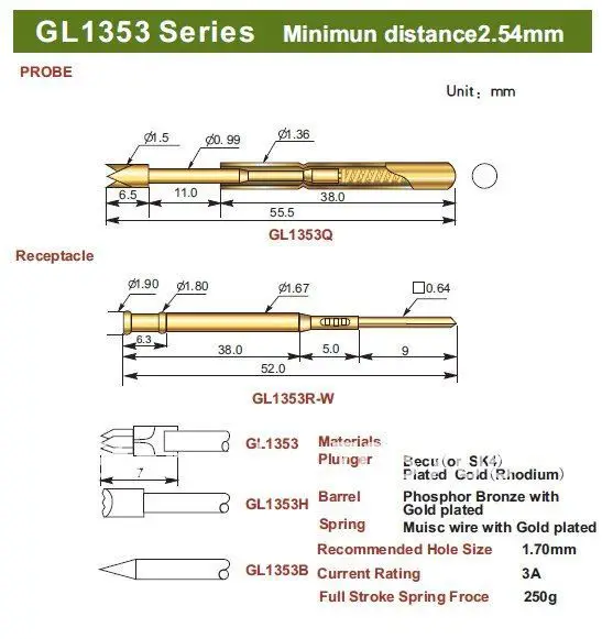 FREE SHIPPING 100PCS/LOT GL1353R-W 52.0MM TWO PART SPRING TEST PROBES RECEPTACLE