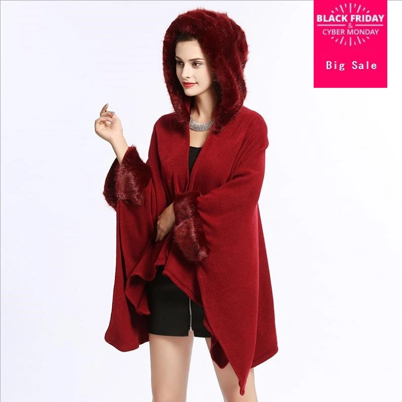 Winter new cape coat large size loose imitation Mink Fur outwear hooded knit cardigan cloak shawl batwing sleeve overcoat L1378