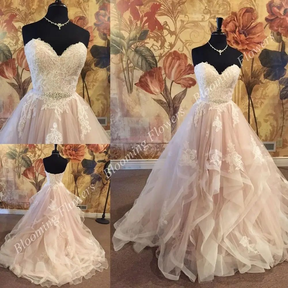 Blush Ivory Wedding Dresses 2019 vestido de noiva Ball Gown Sweetheart Neckline Ruffles Bridal Gown robe de mariee Lace Applique