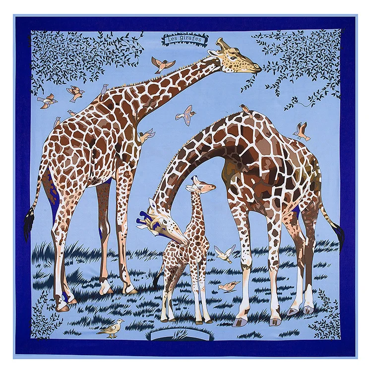 POBING 100% Twill Silk Women Scarf Euro Design Forest Animal Giraffe Print Neckerchief High Quality Lady Foulard Square Bandana