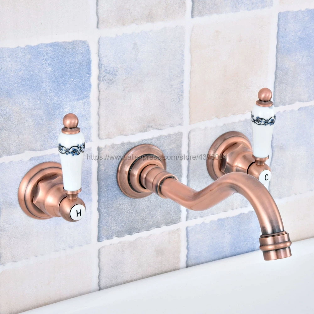 Bathroom Brass Dual Ceramics Handles Basin Sink Faucet Wall Mount Bathroom Mixer Tap Antique Red Copper Nsf524