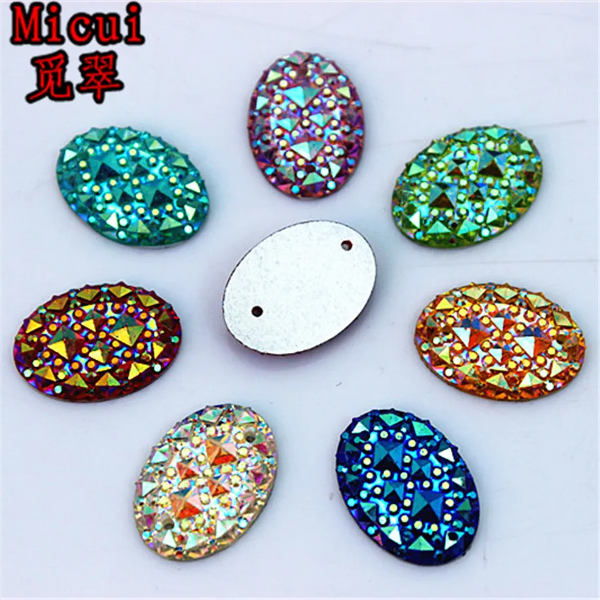 Micui 100PCS 13*18mm Sew on 2 Hole Mix AB Color Resin Oval Flatback Stone  DIY Wedding Decoration ZZ332