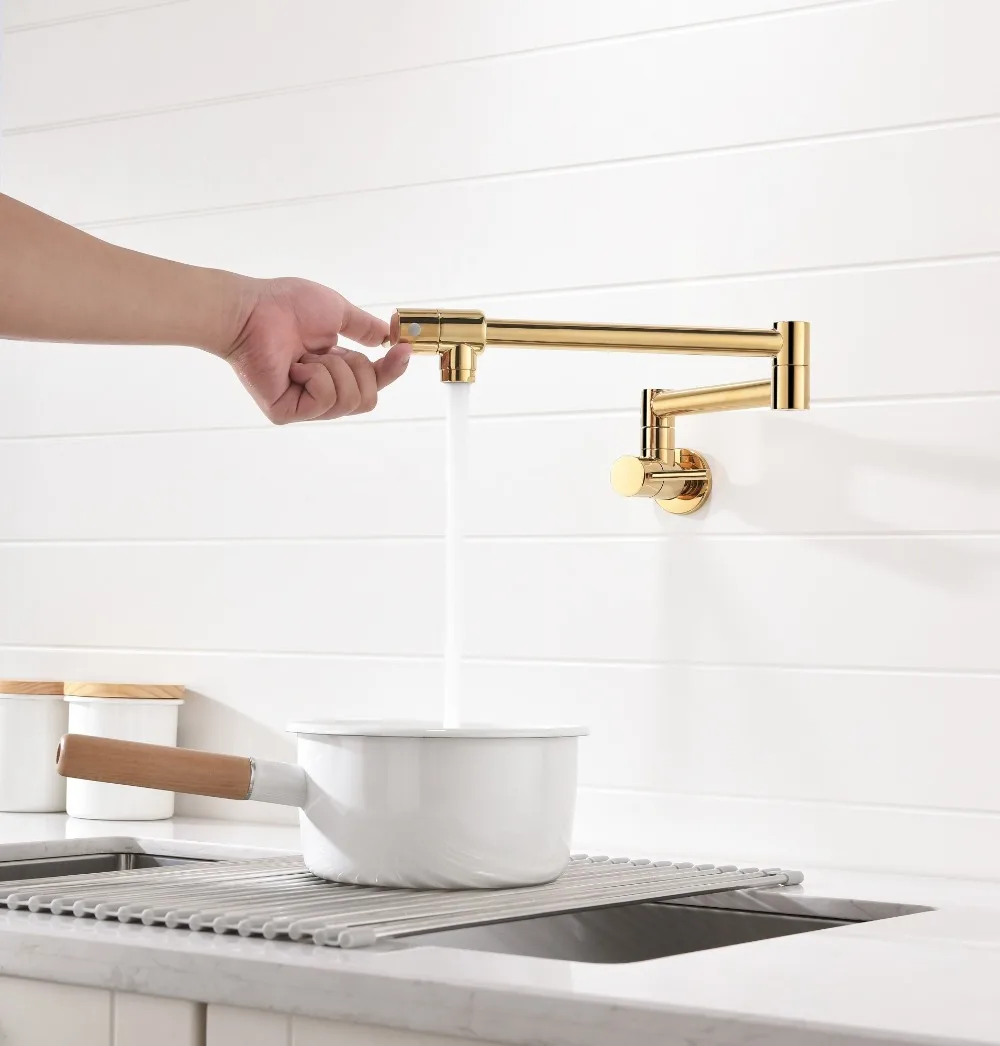 

Gold plated Brass Kitchen Sink Faucet Pot Filler Folding Stretchable Double Joint Swing Arm golden Wall Mount Kitchen Faucet