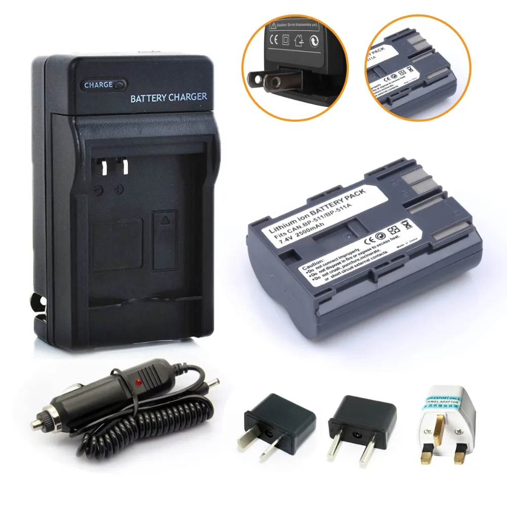 Hot sell 1pcs BP-511 BP511A Battery +Charger+Car charger+Plug adapter for Canon EOS 40D 300D 5D 20D 30D 50D 2500mAh