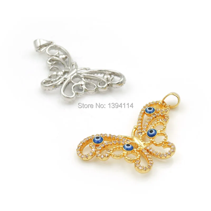 34*20*3mm Micro Pave Clear CZ Piercing Butterfly Charm With Enamelling 4 Blue Eyes Fit For Women As Necklaces Accessory