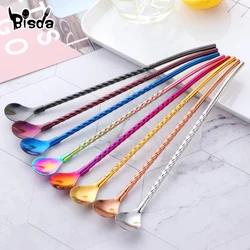 2Pcs Long Twisted Straw Spoon Portable Gold Tea Scoop Reusable Colored Stainless Steel Straws Black Dinnerware Set For Bar Party