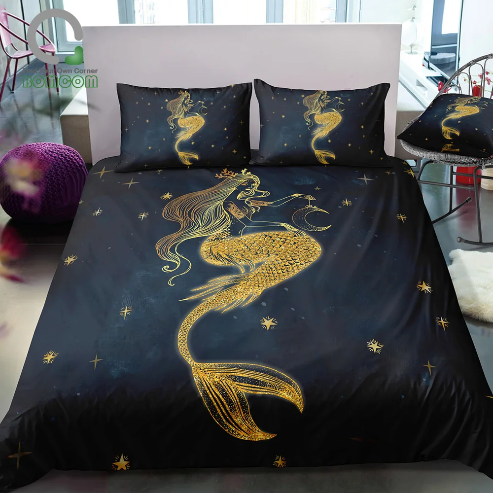 

BOMCOM 3D Digital Printing Hand Drawn Graceful Mermaid Princess and Moon on Night Sky Duvet Cover Set 100% Microfiber, Gold