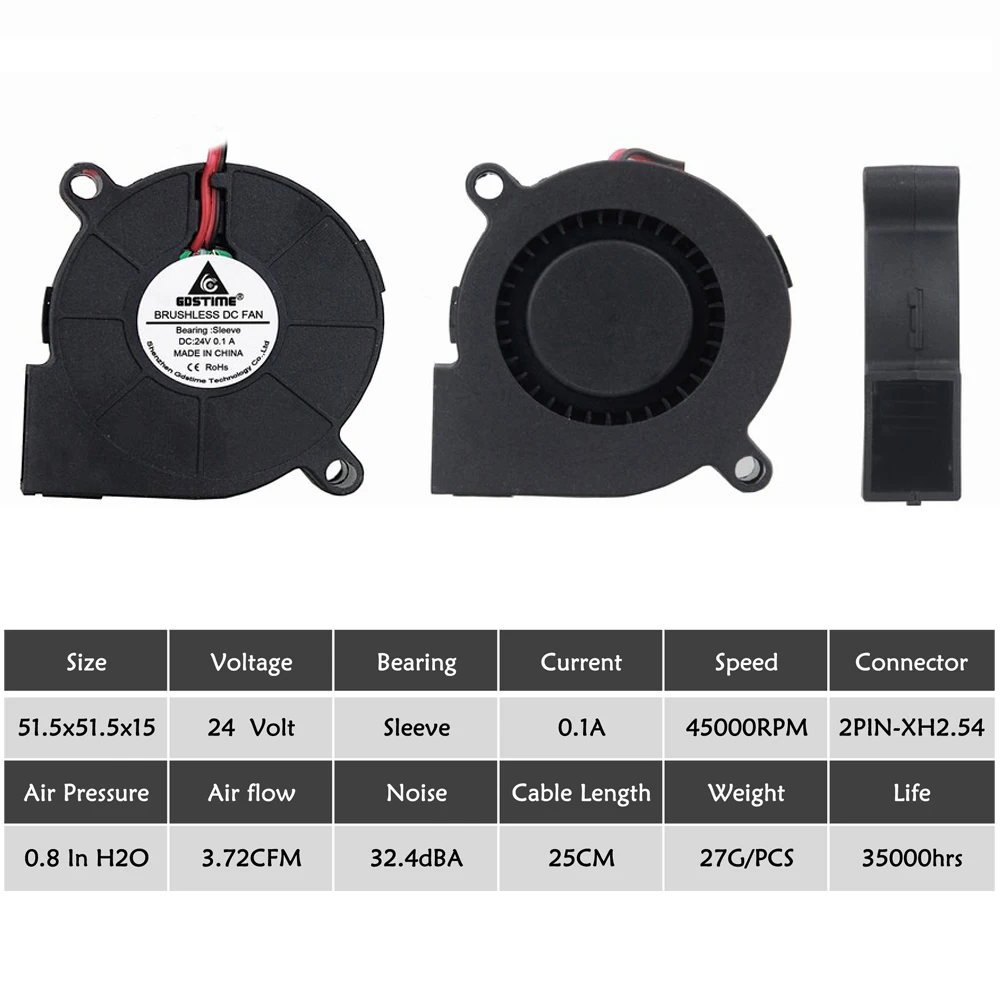 5 шт. Gdstime 24В 2Pin бесщеточный DC турбинный вентилятор охлаждения 5 см 50 мм 50x15 мм 5015S