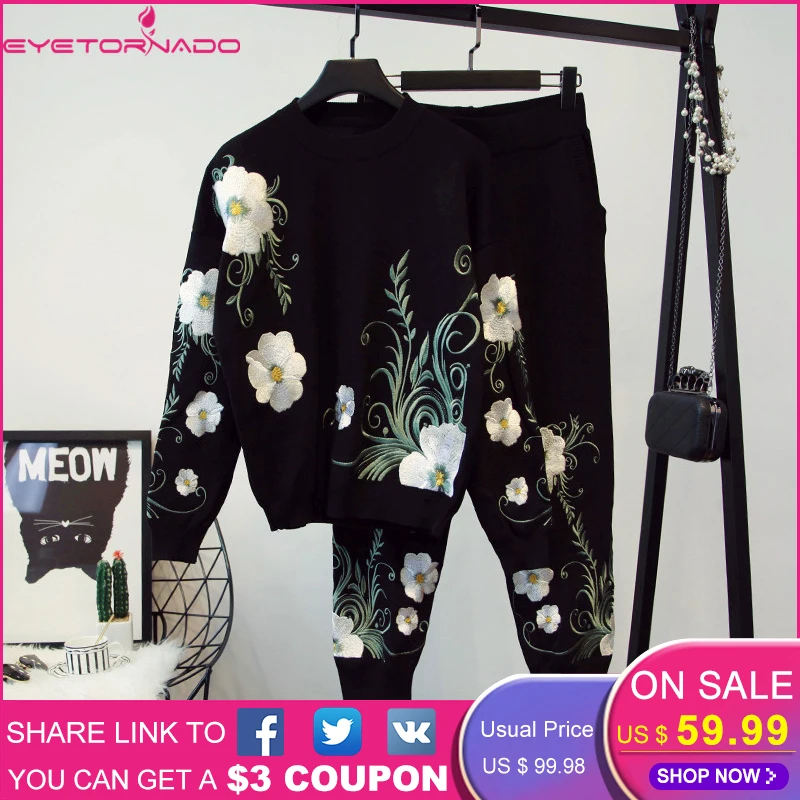 Women 2 Piece Pant Set Flower Embroidery Knitted Sweater Pullover Top + Long Pencil Pant Set Casual Tracksuit Outfit  7491