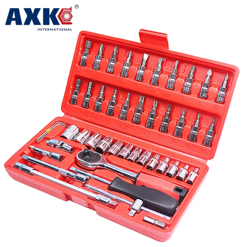 Auto Reparatur Werkzeug Buchse Set Auto Combo Kit Drehmomentschlüssel Axk 46 stücke 1/4-zoll Holzbearbeitung Holz Arbeits Fall stück Ratchet Als