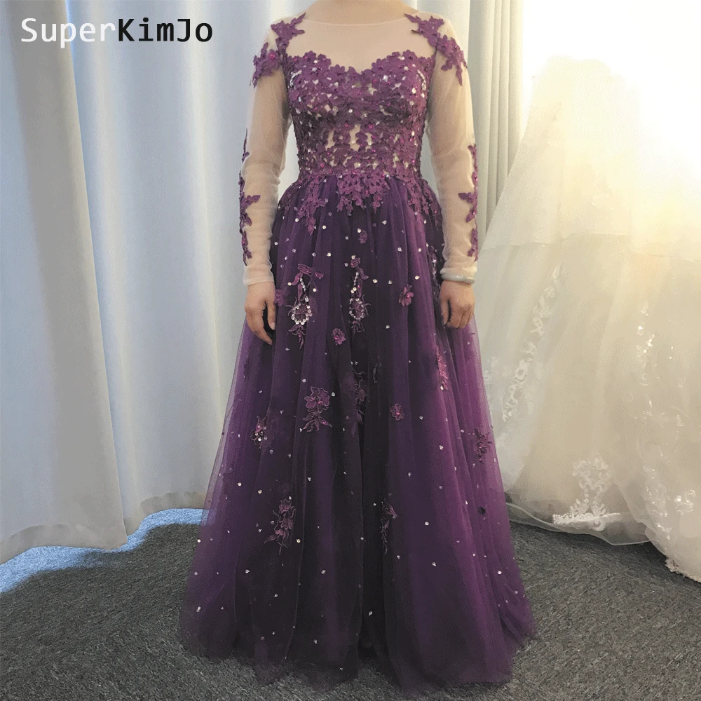 SuperKimJo Vestidos De Fiesta De Noche Largos Elegantes สีม่วง Dresses 2019 ลูกไม้ Applique Beaded Elegant ชุดราตรี