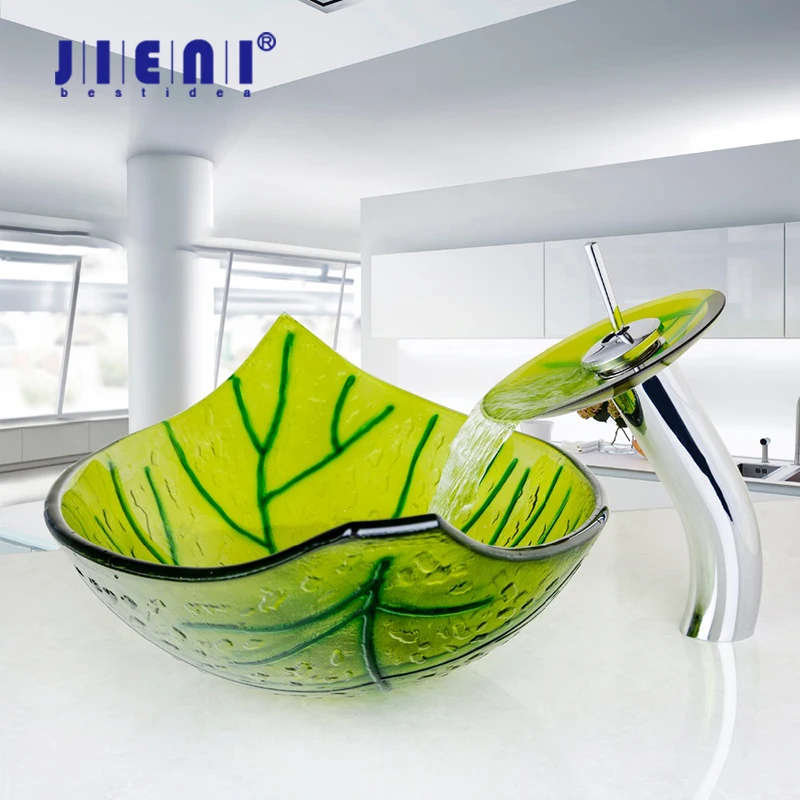 JIENI Green Leaf Bathroom Basin Sink Faucet Set Tempered Glass Vessel Vanity Green Leaf  Shape Basin Sink  Waterfall Faucet