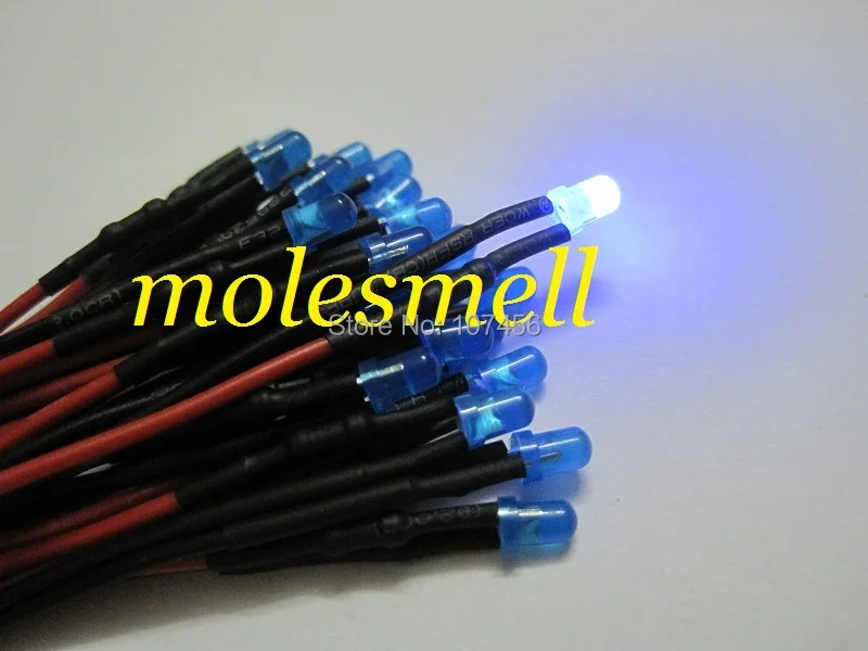 Free shipping 100pcs 3mm 5v diffused blue LED Lamp Light Set Pre-Wired 3mm 5V DC Wired