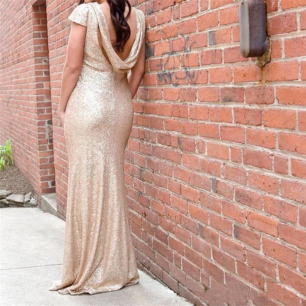 Modern Style Glitter Sequins Party Dresses Mermaid Formal Gowns Gold Sequin Short Sleeves Bridesmaid Long Bridesmaid Dresses