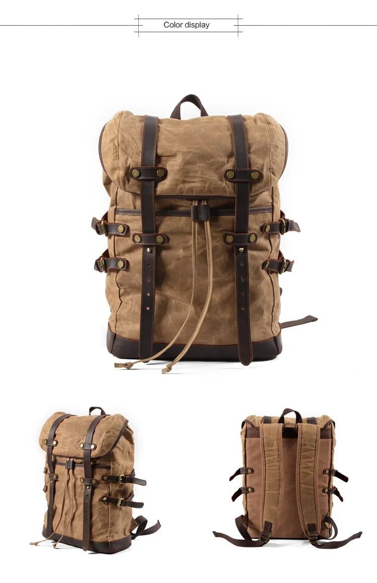 MUCHUAN 15.6 "Laptop Rucksack Vintage Große Kapazität Öl Wachs Wasserdichte Rucksäcke Teenager Leinwand Leder Kordelzug Rucksäcke – Detail 9