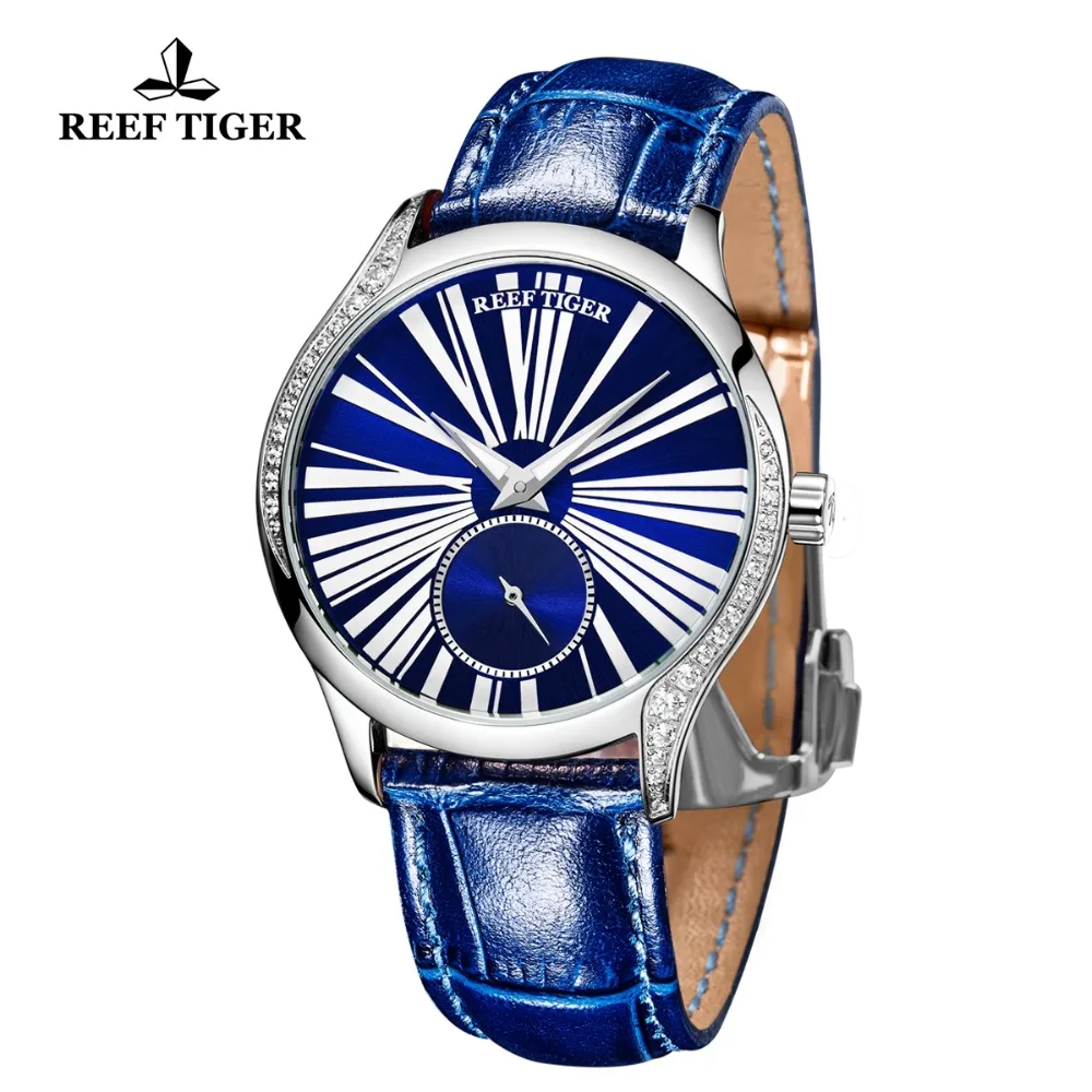 Reef Tiger/RT Ultra Thin Ladies Luxury Watch Blue Dial Leather Strap Automatic Watch Ladies Gifts Clock Relogio Feminino RGA1561