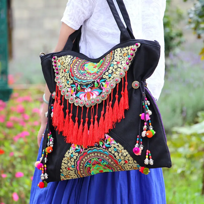 

Ethnic Double sided embroidered women handbags Vintage tassel rivet casual shoulder messenger bags