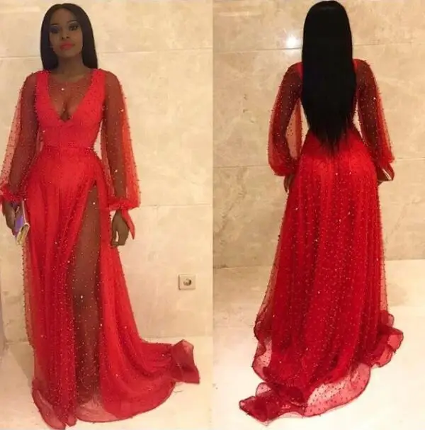 Red Prom Dresses 2019 Long Sleeve Beaded A Line Luxury Elegant Prom Gown Robe De Soiree