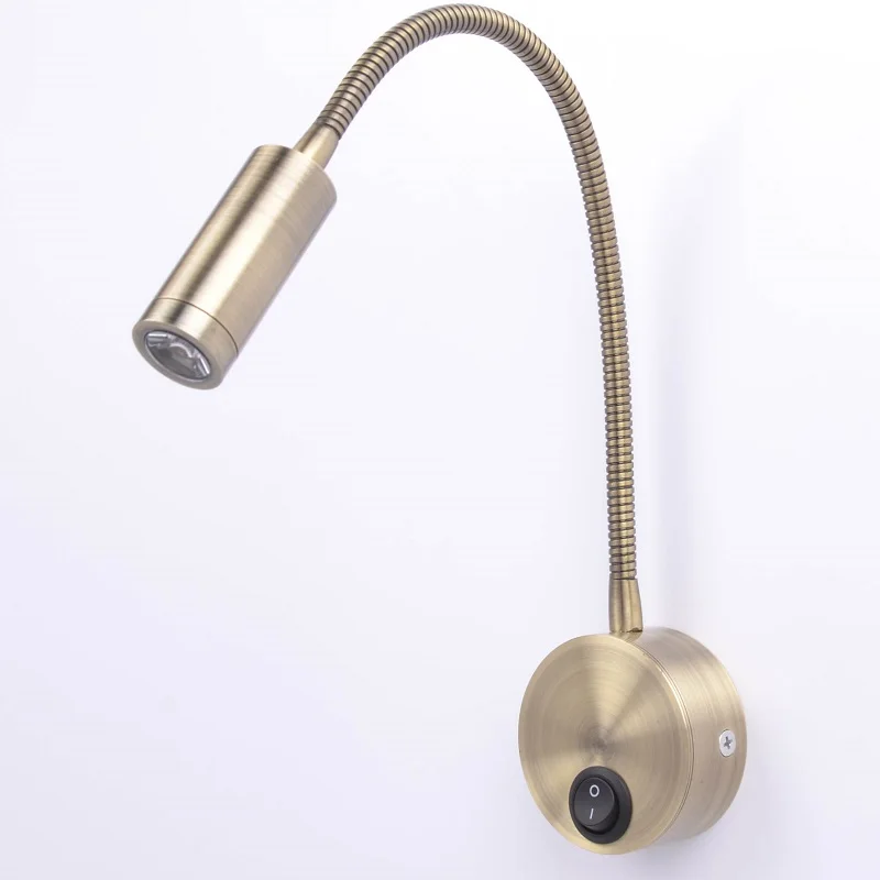 110V/220v/12V 3w LED Flexible Gooseneck Reading Lamp Wall/Bedside Light for Bedroom/Hotel Rotation Arm Switch Bronze Aluminum