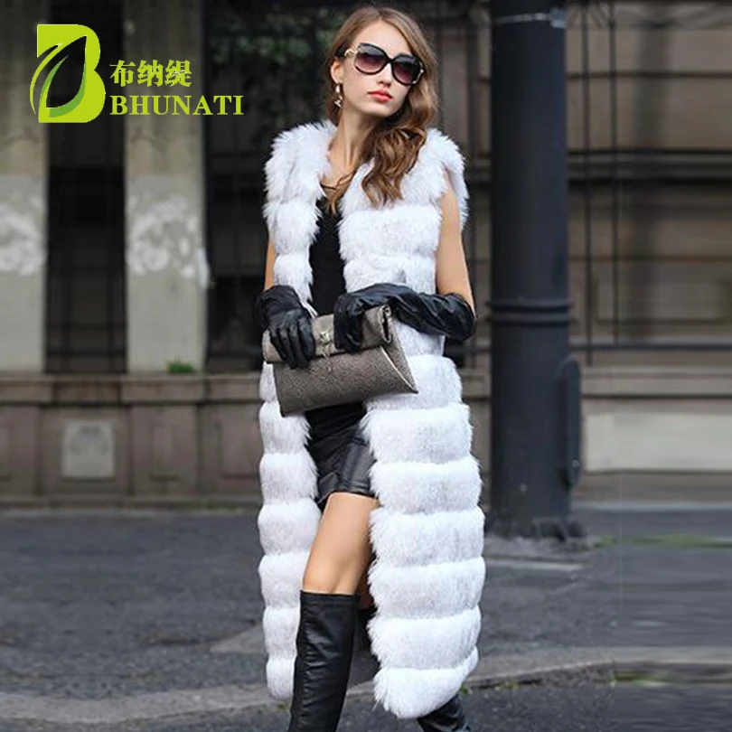 BHUNATI donna inverno Faux Fur cappotto caldo femminile tinta unita senza maniche Faux Vest Fashion Stripe Vintage Long Coat Jacket