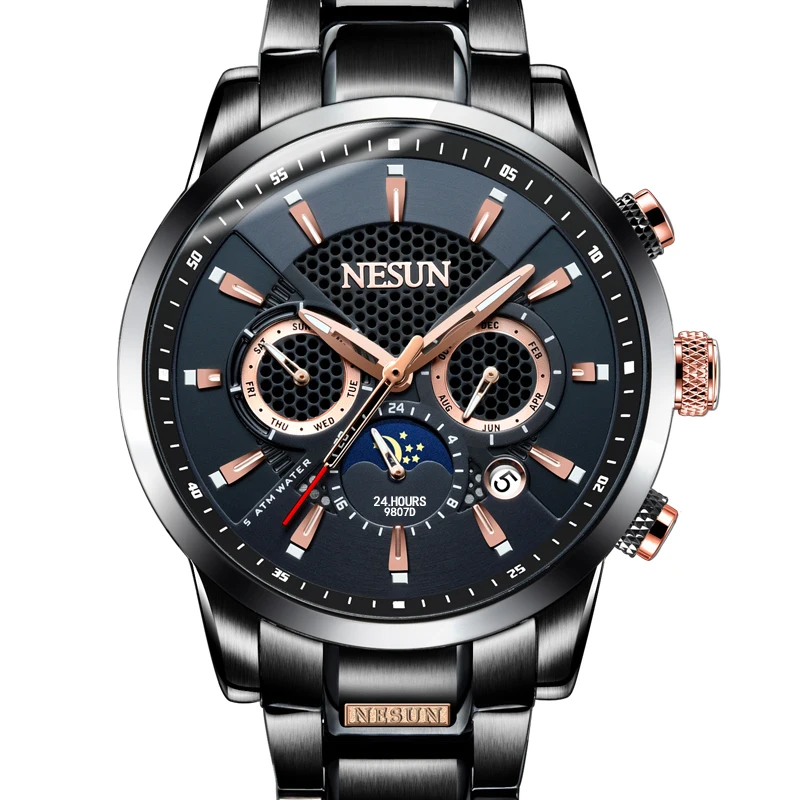 New Switzerland NESUN Luxury Brand  Multi-function Automatic Mechanical Men's Watches Luminous Waterproof Moon Phase Clock N9807