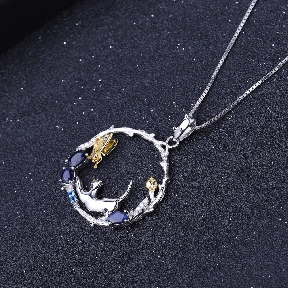 GEM'S BALLET 925 Sterling Silver Handmade Cat & Butterfly Pendant Necklace 0.84Ct Natural Blue Sapphire Fine Jewelry for Women - Image 4