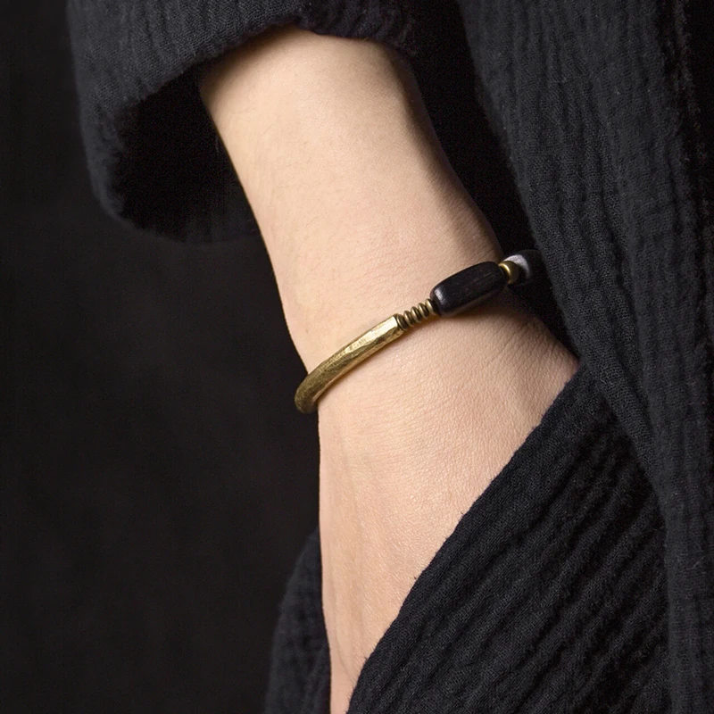 Hammered Brass Ebony Rosary Beads Bracelet Black Wood Spiritual  Male Female Wristbands For Men Women Metal Wrist Ornament
