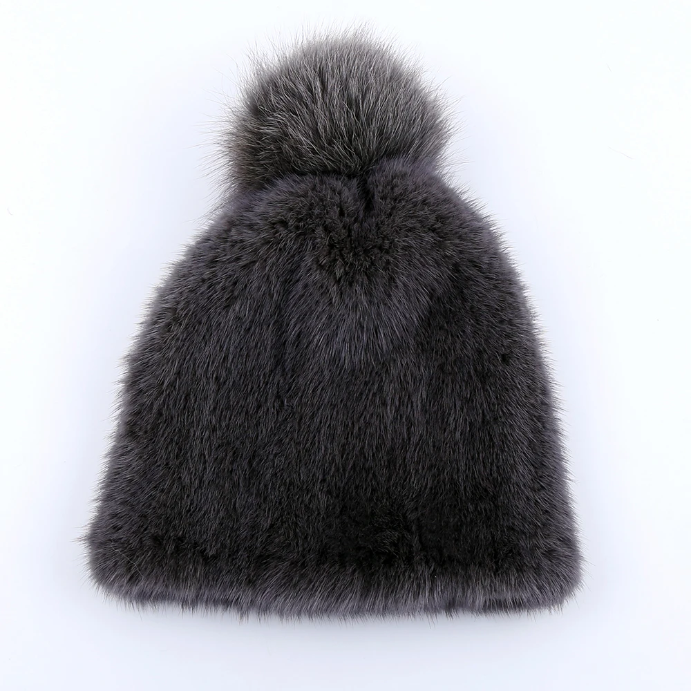 100% real mink fur hat women winter knitted mink fur beanies cap with fox fur pom poms 2017 brand new thick female cap Elastic