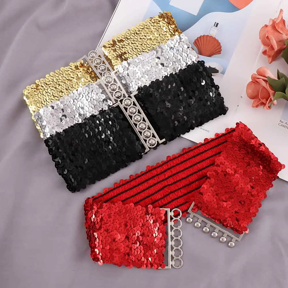 2020 Fashion Ladies Waistband Charms Women Elastic Sequin Belly Waist Belt Casual Stretch Belt Buckle Corset Wide Waist Belts