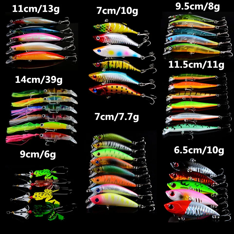 

45pcs/lot Fake Fish bait Set Mixed 8 Varisized Models Hard Baits Minnow/VIB Soft Frog and Sleeve-fish Fishing Tackle 45 Colors