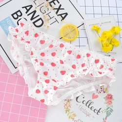 Japanese Style Cute Low Waist Girl Panties Milk Silk Strawberry Print Ruffle Women Underwear Sweety Lovely Breifs