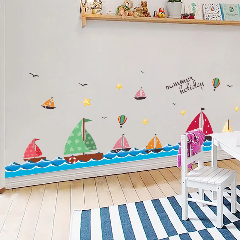 Sailboat On The Sea Wall Stickers For Kids Children\'s Room Living Room Bedroom Home Baseboard Decoration Mural Decals Wallpaper