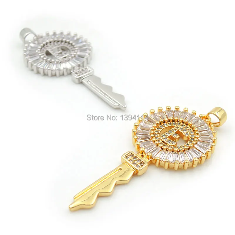 45*20*3mm Micro Pave Clear CZ With A-Z Letter Key Charm Fit For Making Necklaces Jewelry
