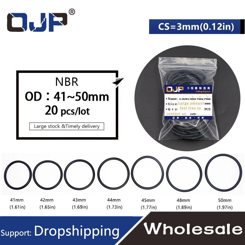 20PC/lot Rubber Ring Black NBR Sealing O Ring OD41/42/43/44/45/46/47/48/50*3mm O-Ring Seal Nitrile Gaskest Oil Rings Fuel Washer