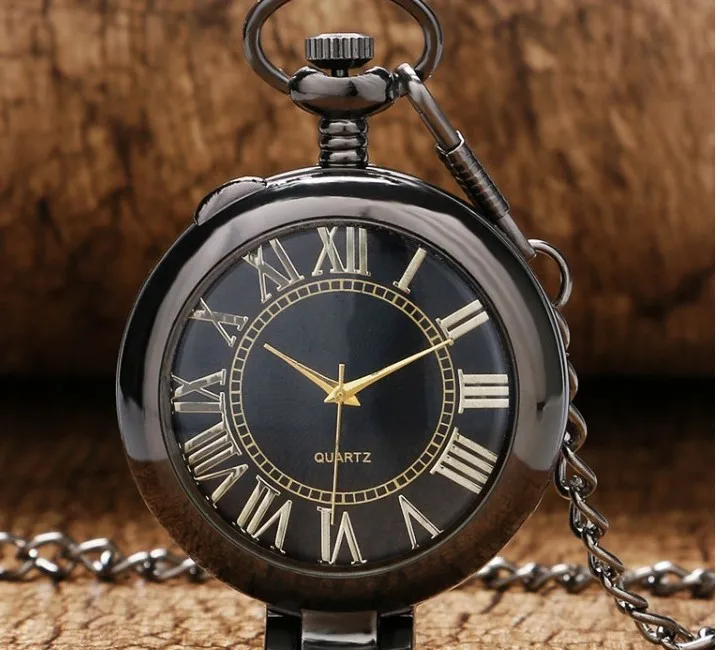 Vintage Charm Black Unisex Fashion Roman Number Quartz Steampunk Pocket Watch Women Man Necklace Pendant with Chain Gifts P8789