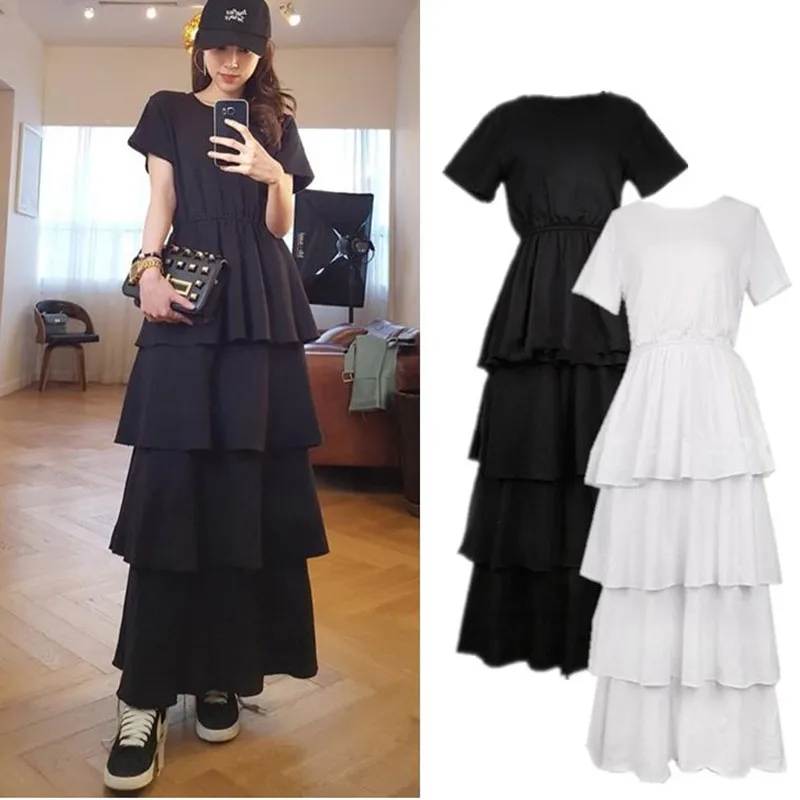 

2020 summer fashion New preppy style Women high waist Cake Short Sleeve slim Long Dress