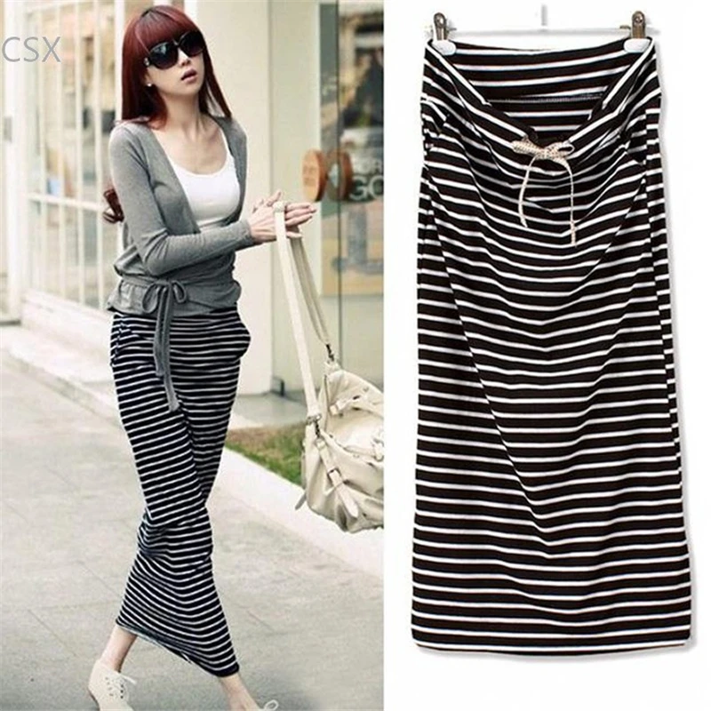 

Female 2022 Sexy Cotton Long Skirt Women Stripe High Waist Skirts Black White Splicing Texture Ankle-Length Skirts Vestido