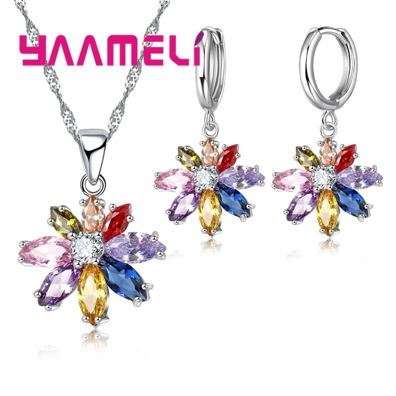 925 Sterling Silver Necklace Earrings Set Luxury Noble Style Colorful Flower Shape Valentine\'s Day Gift For Women