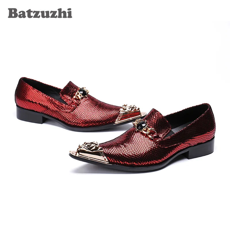 Batzuzhi Italy Type Men Shoes Gold Iron Toe Formal Leather Dress Shoes Business Men Wine Red Party and Wedding Shoes for Men,46