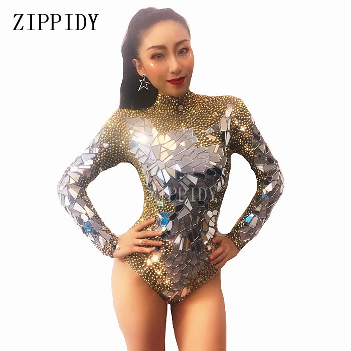 Bling Gold Rhinestones Mirrors Sexy Bodysuit Women\'s Birthday Prom Celebrate Outfit Evening Bar DJ Women Singer Show Clothing