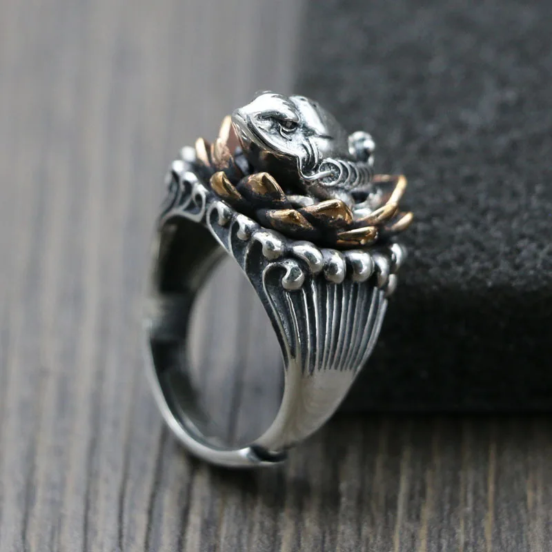 

925silver vintage lotus toad male character original ring opening adjustment index Thai silver handicrafts rings